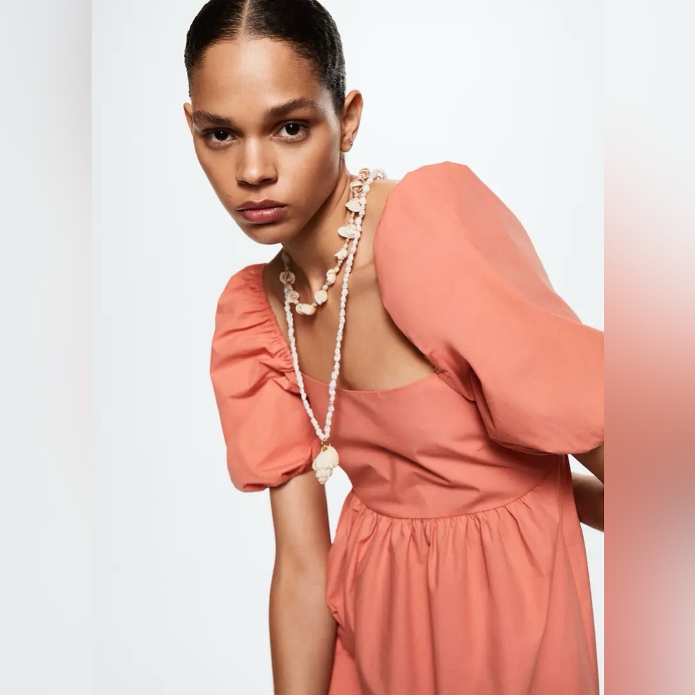 NWT Mango Miri Puffed Sleeve Mini Dress - Coral Pink 100% Cotton - Size XS - Picture 5 of 16